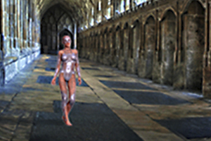 AI robot android walking through cloisters