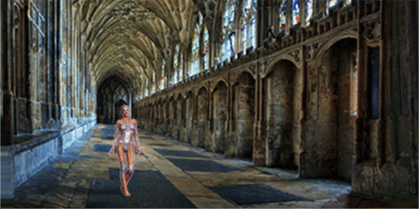 AI robot android glowing and walking through cloisters