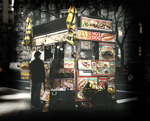 AI art docents image of food cart on a city street at night